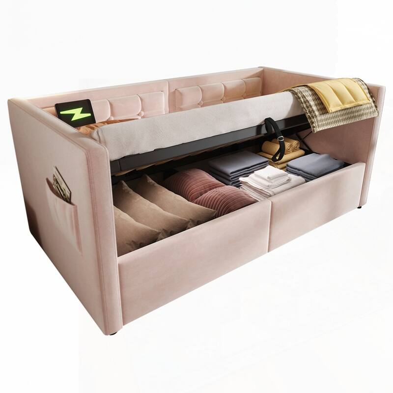 Hydraulic Storage Twin Bed Frame with Wooden Slats and Tufted Sofa Back