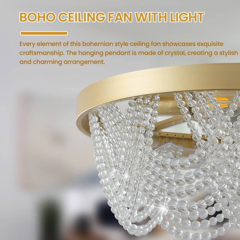 20'' Boho Crystal Ceiling Fans with Lights Flush Mount
