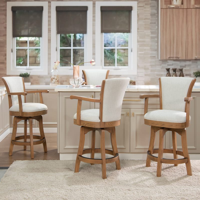 Williams Swivel Upholstered Bar Stool - Counter or Bar Height - 27 or 31 Inch - Solid Oak Wood Frame - Minimal Assembly