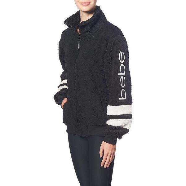 Bebe Sport Women S Sherpa Striped Full Zip Logo Jacket For Women Black Overstock