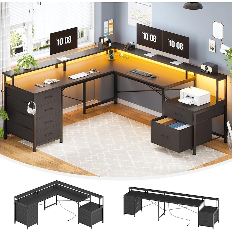 L Shaped Home Office Desk with 6 Drawer File Drawer Power Outlet