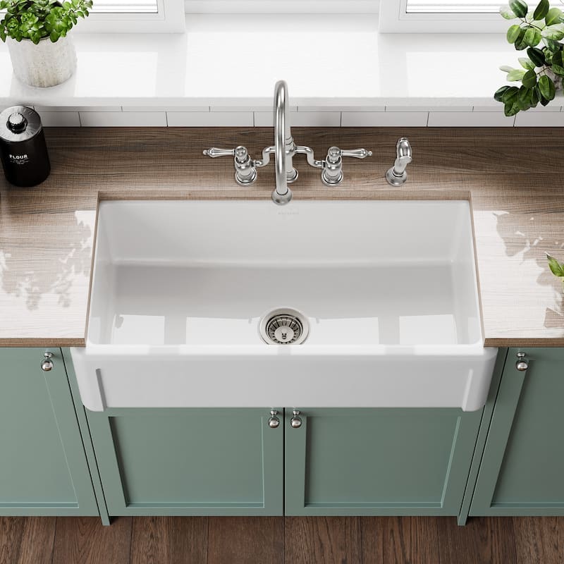 Reversible Fireclay Kitchen Sinks With Grid Three Edge Frame, Plain Front Apron
