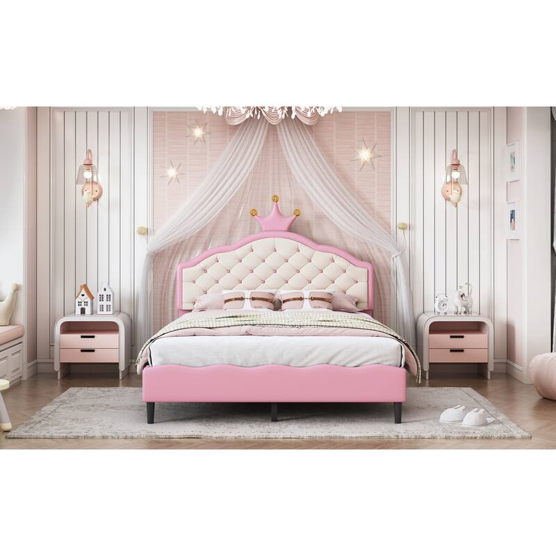 Crown-Shaped PU Leather Princess Bed with Tufted Headboard, Full Size Pink & Cream