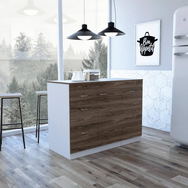White & Dark Walnut Kitchen Base Cabinet with 3 Drawers, 2 Shelves & Expandable Top Surface