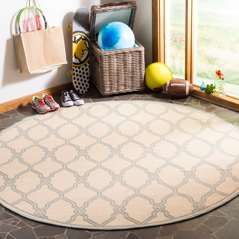 SAFAVIEH Linden Jeri Indoor/ Outdoor Waterproof Patio Backyard Rug - 6'7" Round - Cream/Aqua
