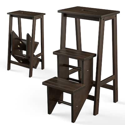 Costway 3 Tier Folding Step Stool 3-in-1 Rubber Wood Ladder Brown