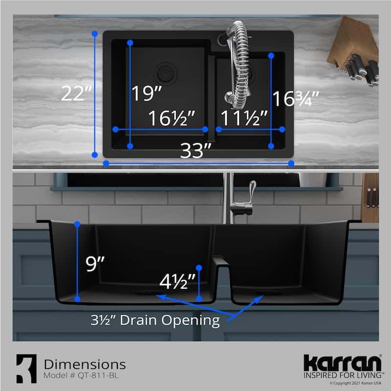 Karran 33" Top Mount Large/Small Bowl Quartz Kitchen Sink Kit - 33" x 22" x 9"