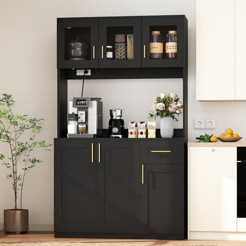 71'' Kitchen Pantry Cabinet with Hutch, Drawer & LED Light, Microwave Stand with Power Outlet for Dining Room or Kitchen - Black