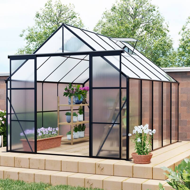 UV-Resistant Greenhouse Shed Plant Shed Garden Shed with Sliding Door & Adjustable Roof, Rust-proof, Weatherproof - Black