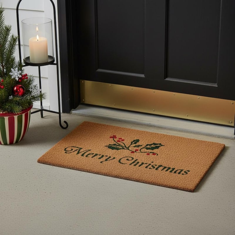 HomeRoots 17" X 29" Brown And Dark Green Christmas Merry Christmas Outdoor Coir Door Mat - 17.00' X '29.00 - 17.00' X '29.00