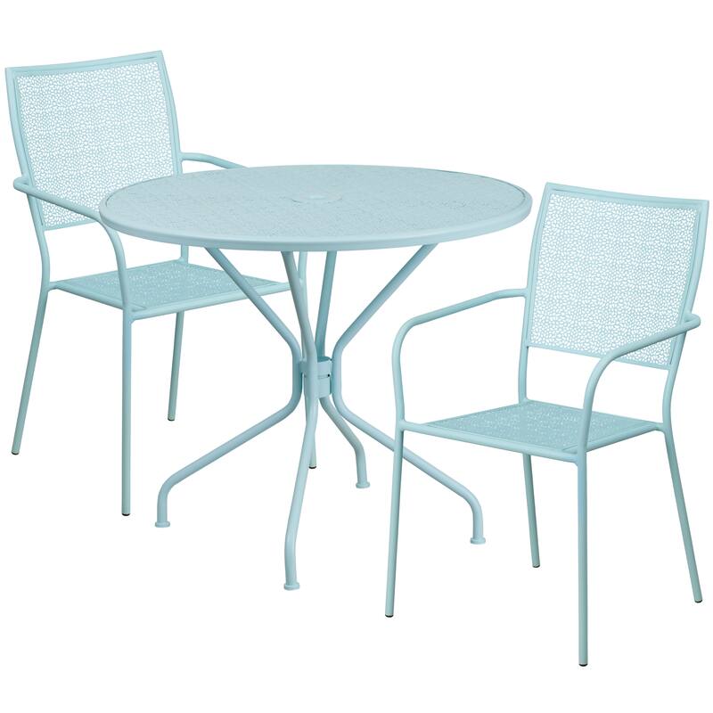 35-inch Round Steel 3-piece Patio Table Set with Square Back Chairs