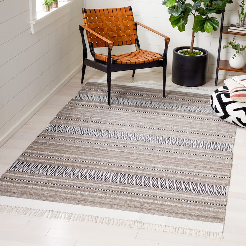 SAFAVIEH Striped Kilim Lavenia Boho Fringe Rug - 3' x 5' - Black/Ivory