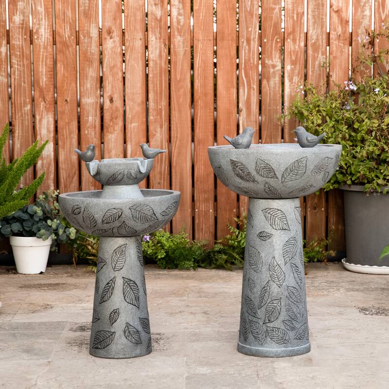 Glitzhome Birdbath Polyresin Outdoor Fountain with Birds, Pump and LED Light