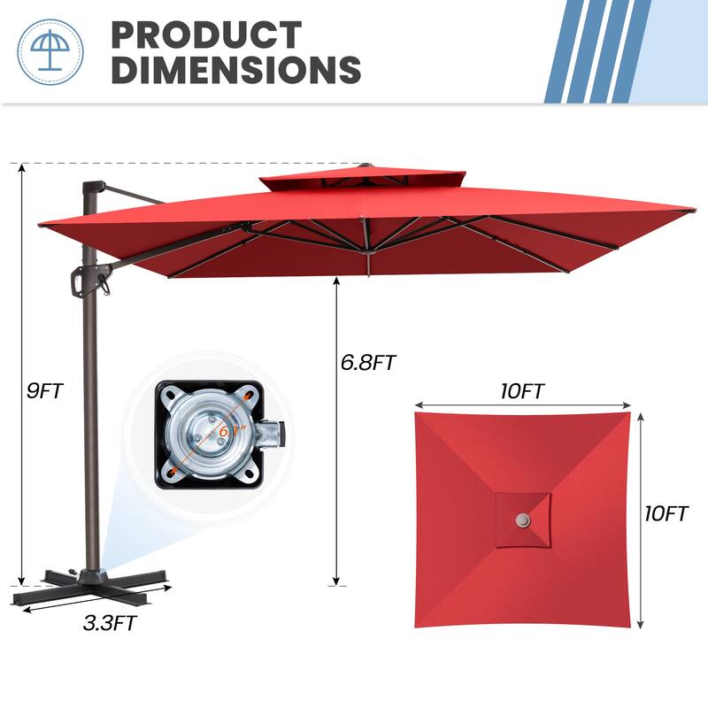 Outdoor 10FT Square Adjustable Offset Cantilever Patio Umbrella