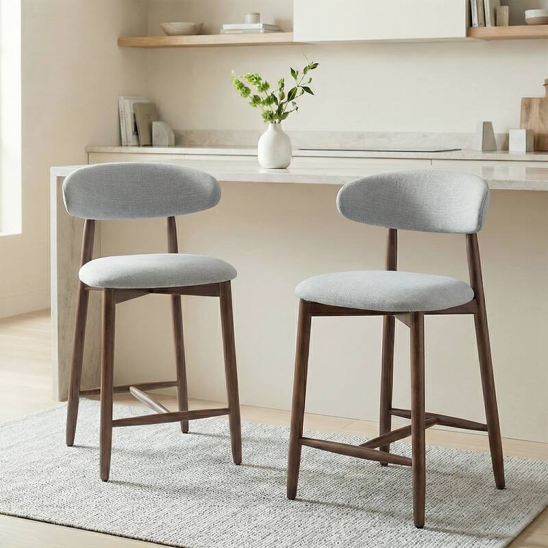 Mid-Century Modern Upholstered Bar Stools Counter Height Wooden Bar Chairs with Backrest Footrest - Light Grey - Set of 2