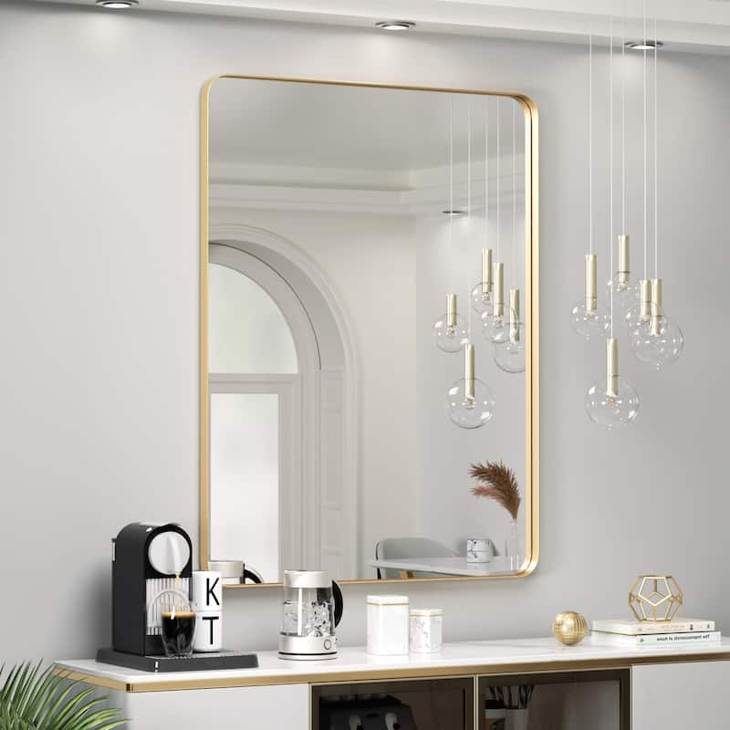 Modern Wall Mirror, Rectangular Mirror with Metal Frame, Bathroom Mirror with Round Corner Vanity Mirror for Vertical/Horizontal - 24W * 36H Inches - Gold