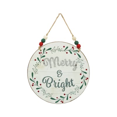 Wood and Metal Round Christmas Wall Hanging Sign,Merry and Bright