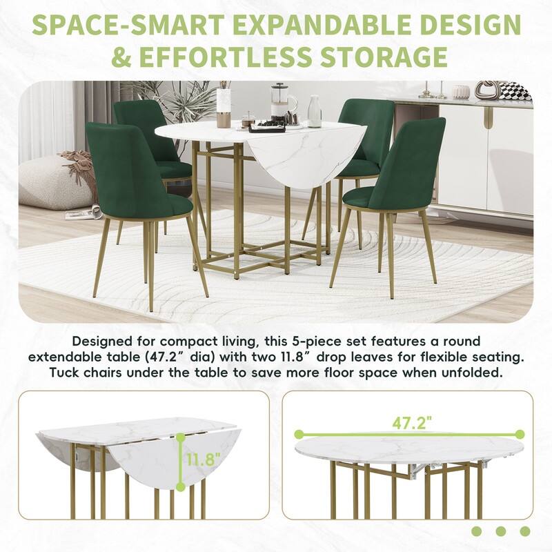 Space-Saving 5-Piece Extendable Kitchen Dining Table Set - Round Faux Marble Top with Black Frame,4 Upholstered Chairs