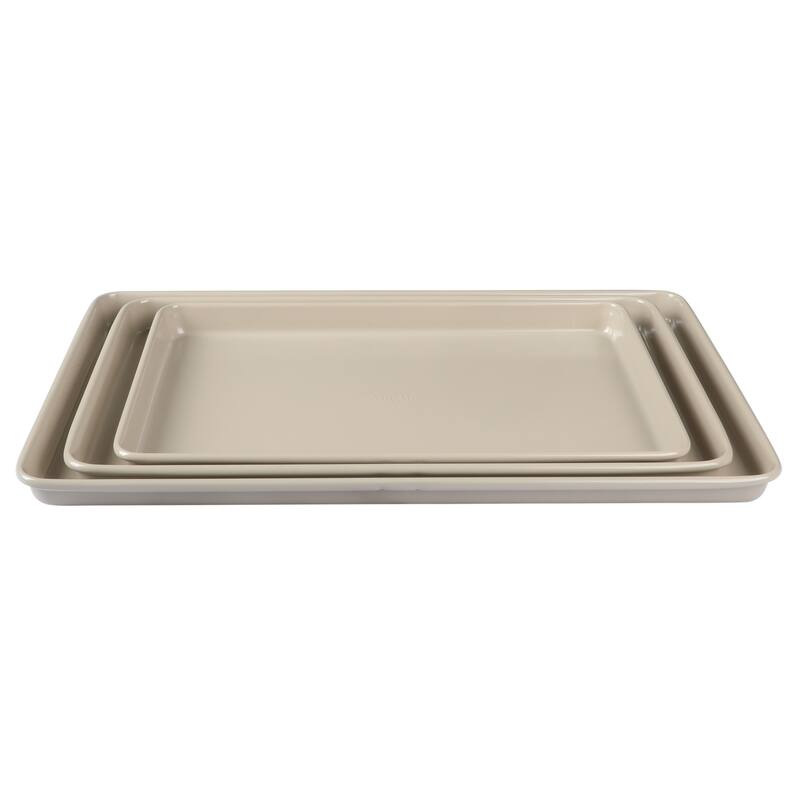 Martha Stewart 3-Piece Cookie Sheet Set - 13", 15", 17" Baking Pans, Ceramic Nonstick, PFA-Free, Carbon Steel - Taupe