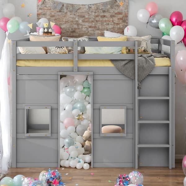 slide 2 of 18, Wood Twin Size Loft Bed with Built-in Storage Wardrobe and 2 Windows - Perfect for Play and Sleep - Gray Grey