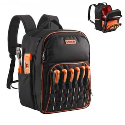 45 Pockets Jobsite Tool Backpack with Hard Bottom and Reinforced Base Comfortable Straps - 11 x 9 x 16 in