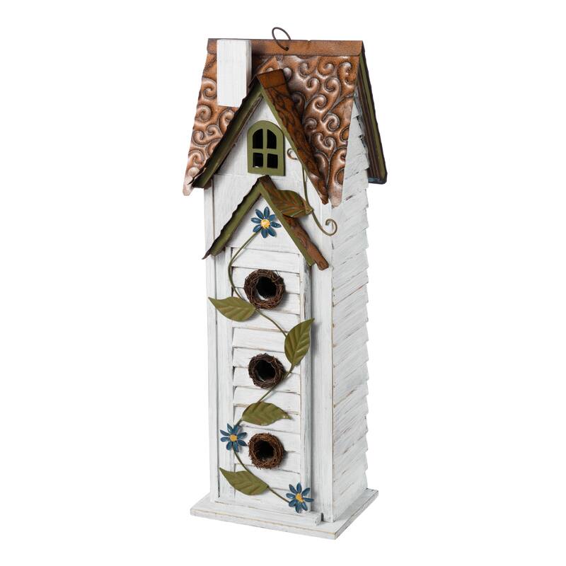 Glitzhome 24.25"H Oversized Washed Blue or White 3-Tiered Solid Wood Villa Decorative Outdoor Garden Birdhouse