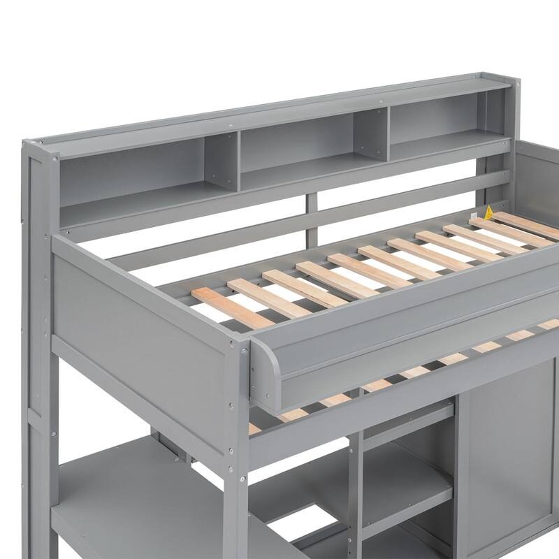 Wooden Twin Size Loft bed with Multiple Storage Shelves and Wardrobe