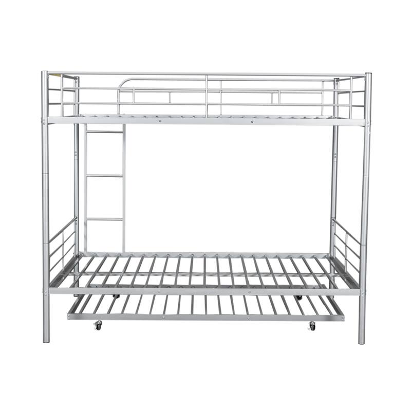 Full Over Full Metal Bunk Bed with Trundle, Silver Finish, Sturdy Iron Frame