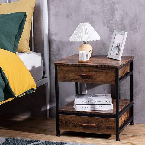 Industrial Nightstands,Square End Side Table for Storage with 2-Drawer &Open Shelf