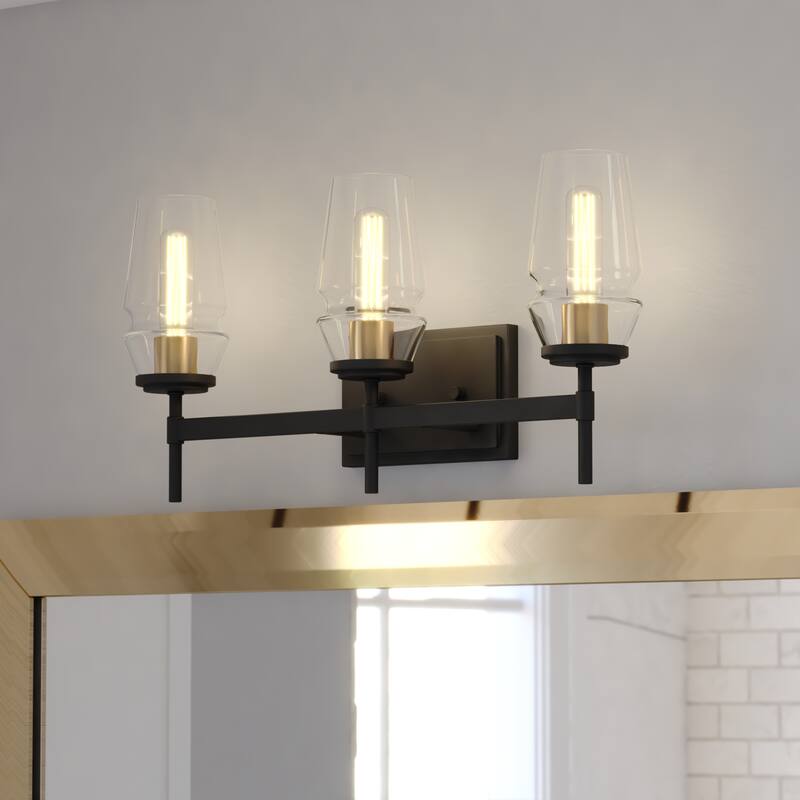 Warren Black and Brass Mid Century Modern Bathroom Vanity Wall Sconce Light Fixture Clear Glass - Matte Black and Brushed Brass - 22-in W x 11.25-in H x 5.5-in D