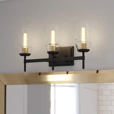 Warren Black and Brass Mid Century Modern Bathroom Vanity Wall Sconce Light Fixture Clear Glass