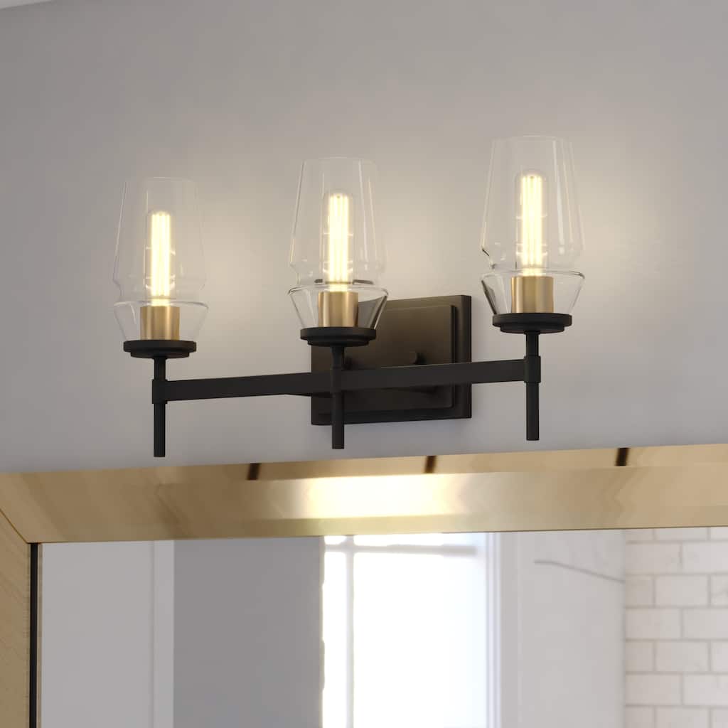 Warren Matte Black and Brushed Brass Gold Bathroom Vanity Lighting Fixture Clear Glass Shade Dimmable LED Compatible Wall Sconce
