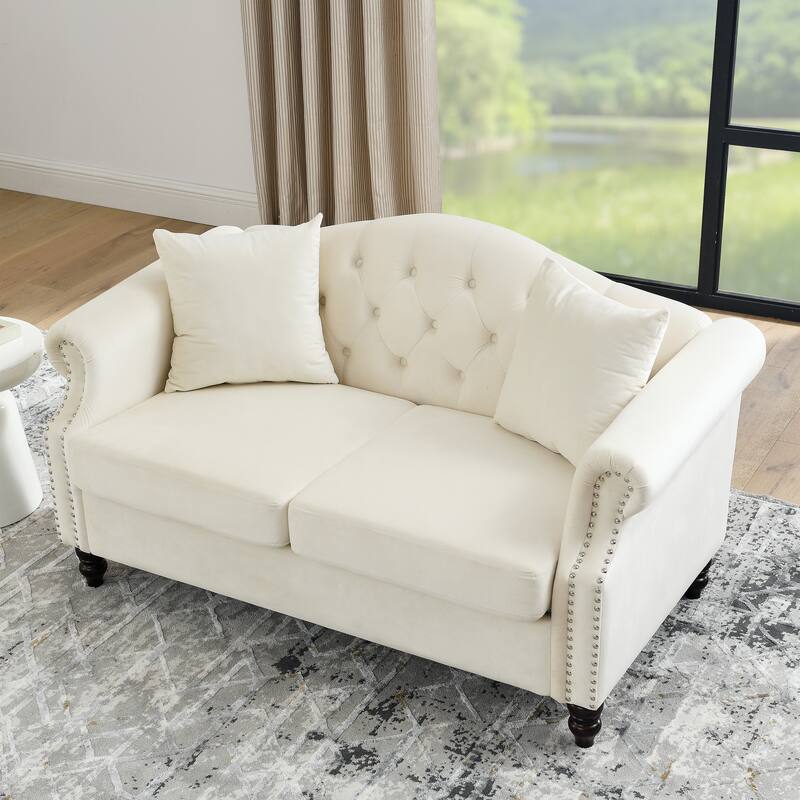 Chesterfield Velvet Sofa, Upholstered Loveseat Sofa with 2 Pillows, Tufted 2 Seater Sofa with Rolled Arms & Nailhead Trim