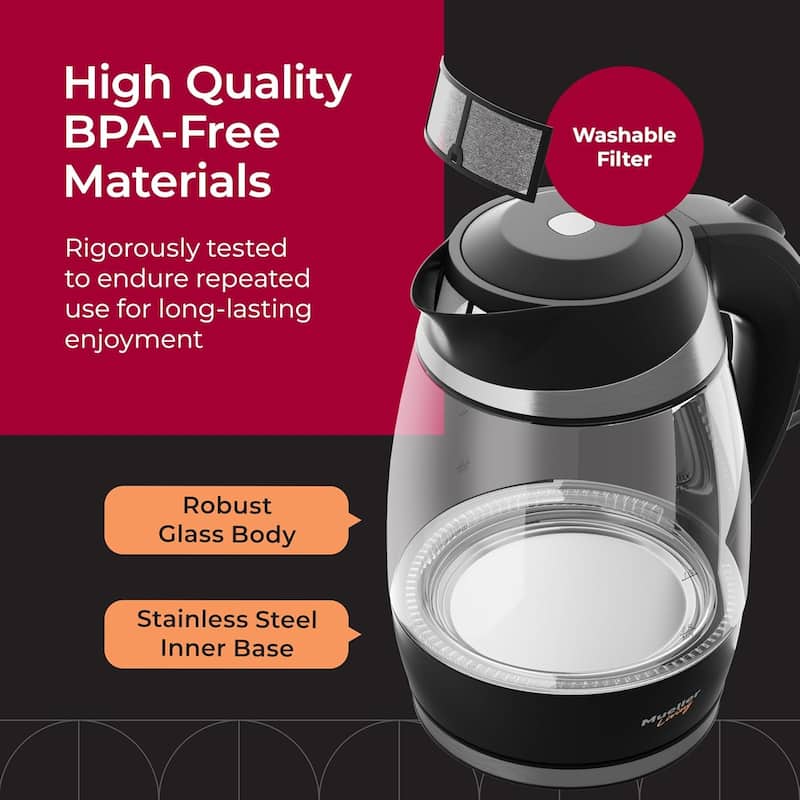 MuellerLiving Electric Kettle, 1500W SpeedBoil with Auto Shut-Off, 1.8L Cordless with LED Light, Borosilicate Glass, BPA Free