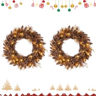 Gymax Set of 2 24'' Pre-lit Christmas Wreath Front Door Artificial