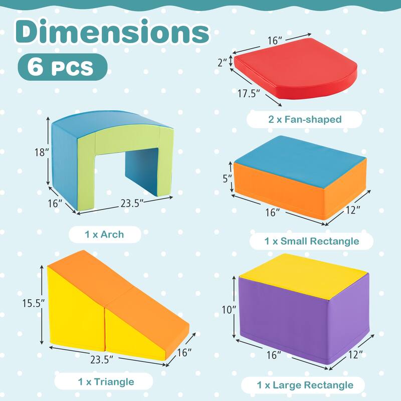 Multicolor PU Foam Climbing Blocks 6 Pieces, Safe, Versatile, Educational Playset for Kids, Tunnel - 16" x 12" x 10" (L x W x H)