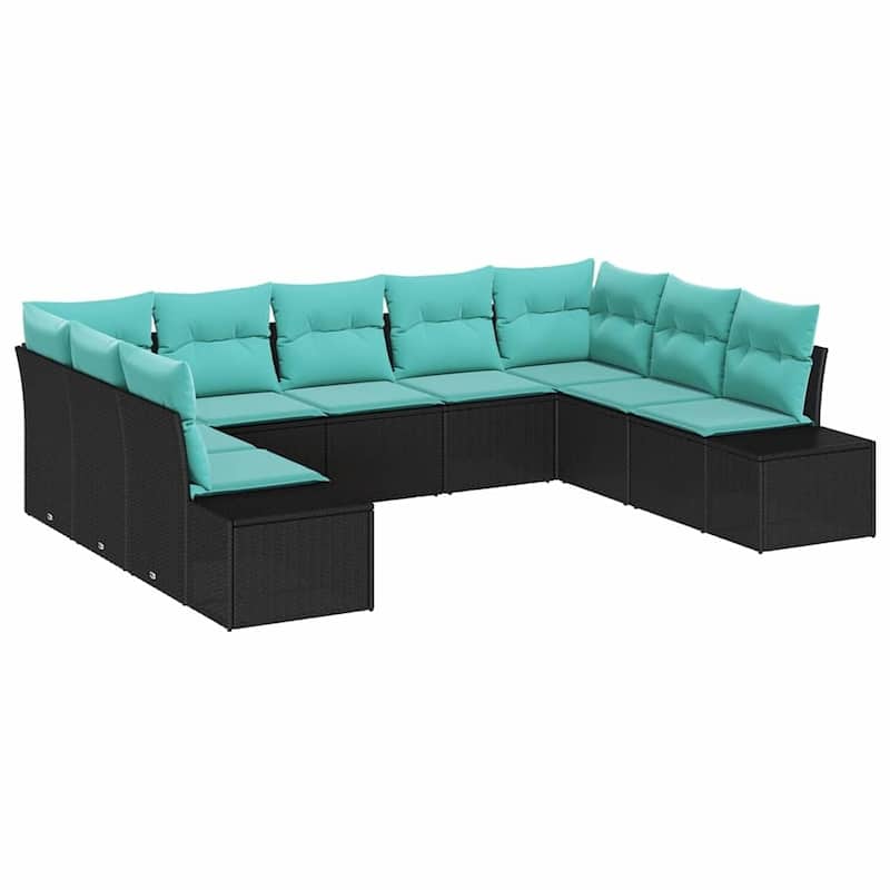 vidaXL 10 Garden Sofa Set with Cushions Black Poly Rattan - 113.8 x 82.3 x 27.2