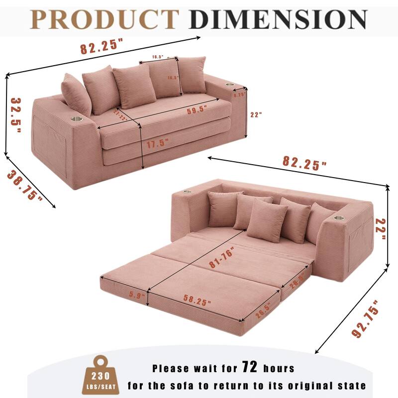 Modern Convertible Loveseat Sofa Bed, Corduroy Fabric Foldable Floor Couch w/5 Pillows, Side Pockets & Cup Holders, No Assembly
