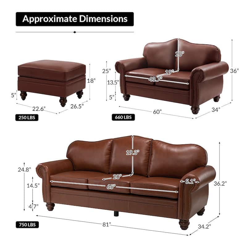 Filomena Transitional 5 Piece Genuine Leather Living Room Set Sofa with Rolled Arms by HULALA HOME