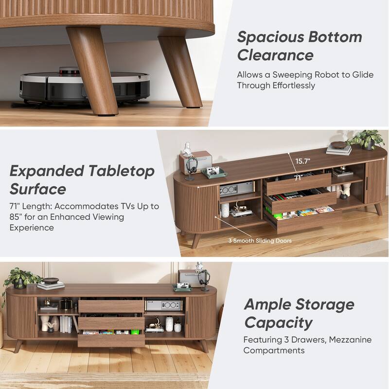 71" TV Stand for Living Room Mid Century Modern Entertainment Center