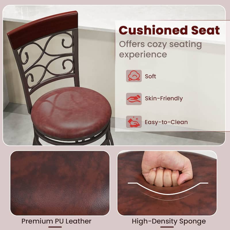 Set of 2 Vintage Bar Stools Swivel Padded Seat 30'' Bistro Dining - 18''W x18''Dx45.5''H