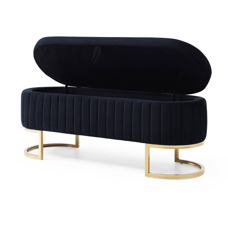Storage Bench Bedroom Bench, Velvet Oval Upholstered End of Bed Bench with Golden Metal Legs,50"Modern Storage Ottoman Bench
