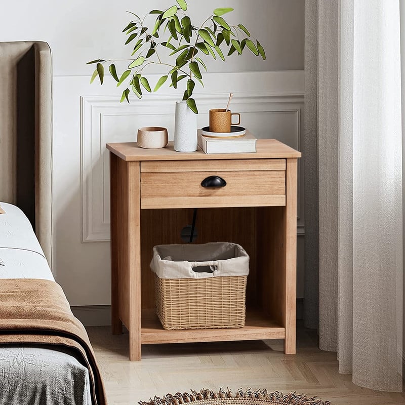 Oak-Colored Nightstand With 1 Drawer And Lower Shelf P2 MDF + Solid Wood Veneer Frame Mid-Century Modern Style 1 Piece