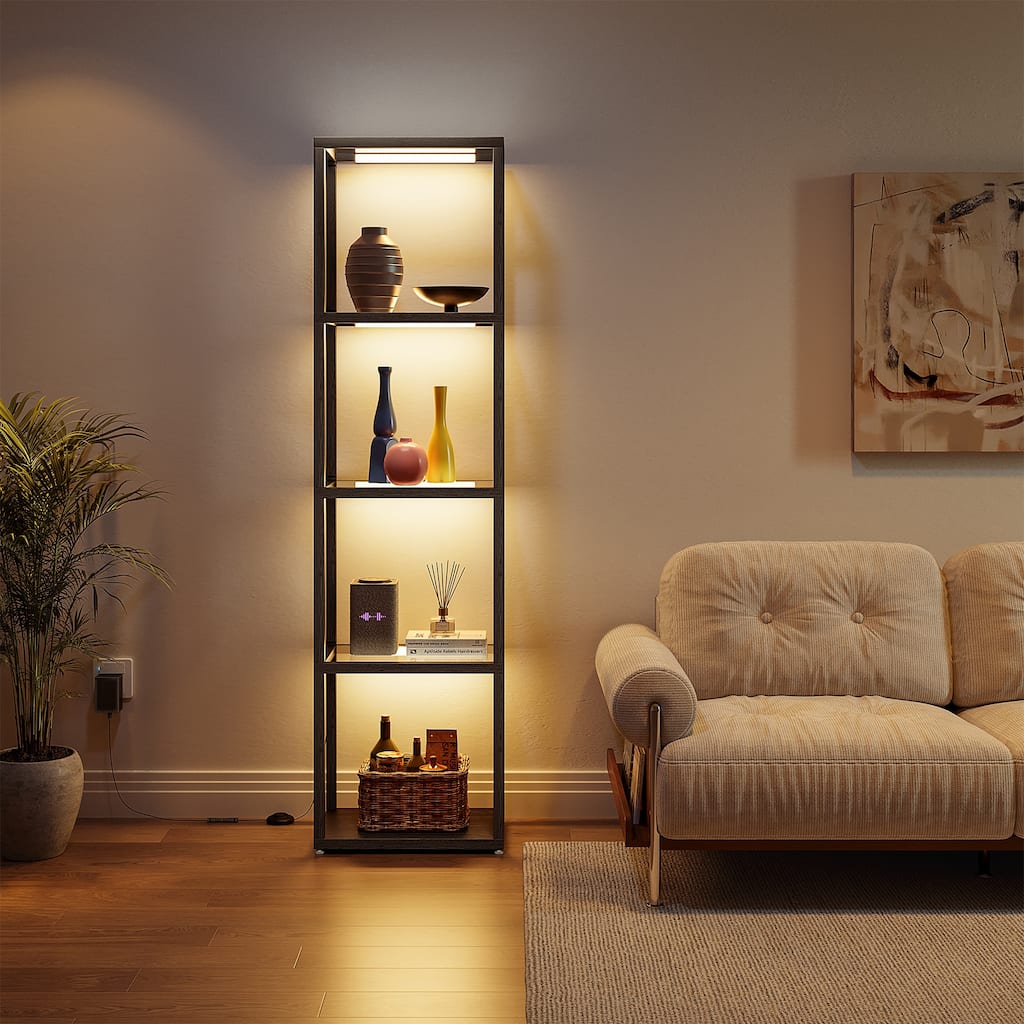 4-Tier LED Floor Lamp with Bookshelf Adjustable Color Temperature | Stepless Dimming | Remote & Foot Switch Control