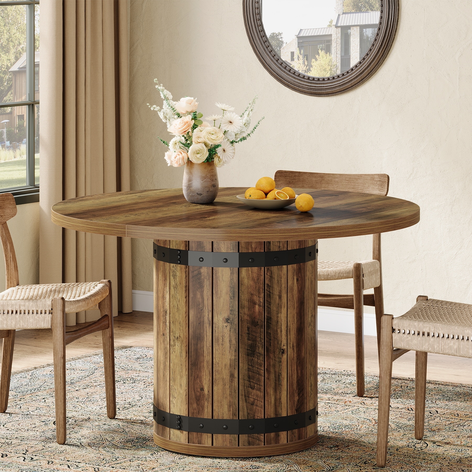 39'' Wooden Round Dining Table with Fence Pedestal for 4 People