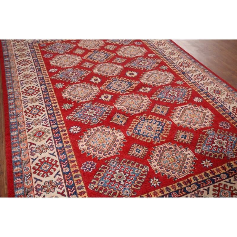 Hand Knotted Oriental 100% Wool Carpet Traditional Geometric Red Kazak Area Rug - 9' 6'' X 6' 7''