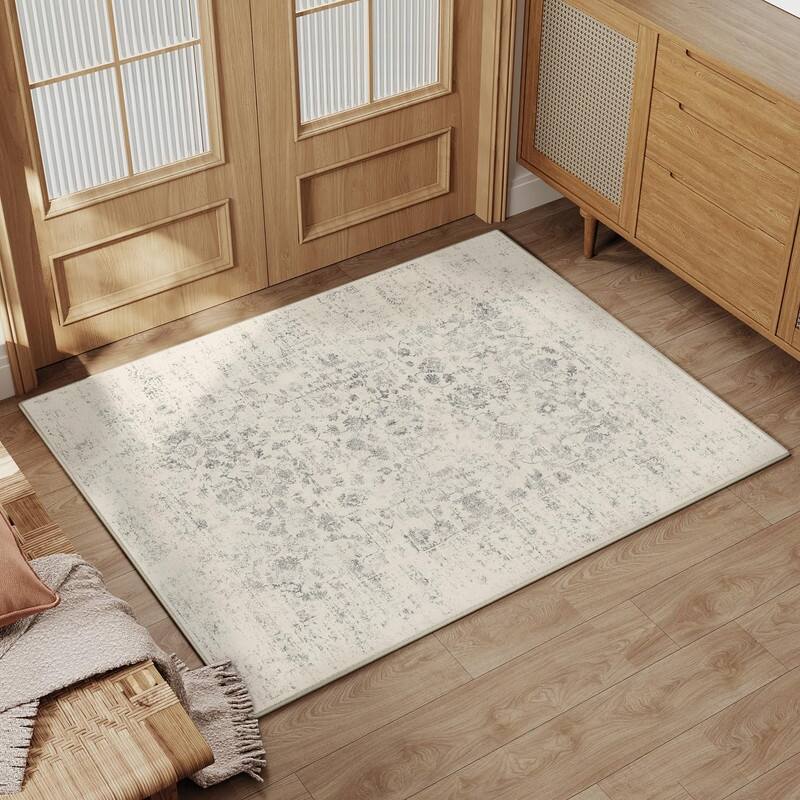 Light Grey Machine Washable Area Rug Retro Floral Vintage Low Pile Carpet