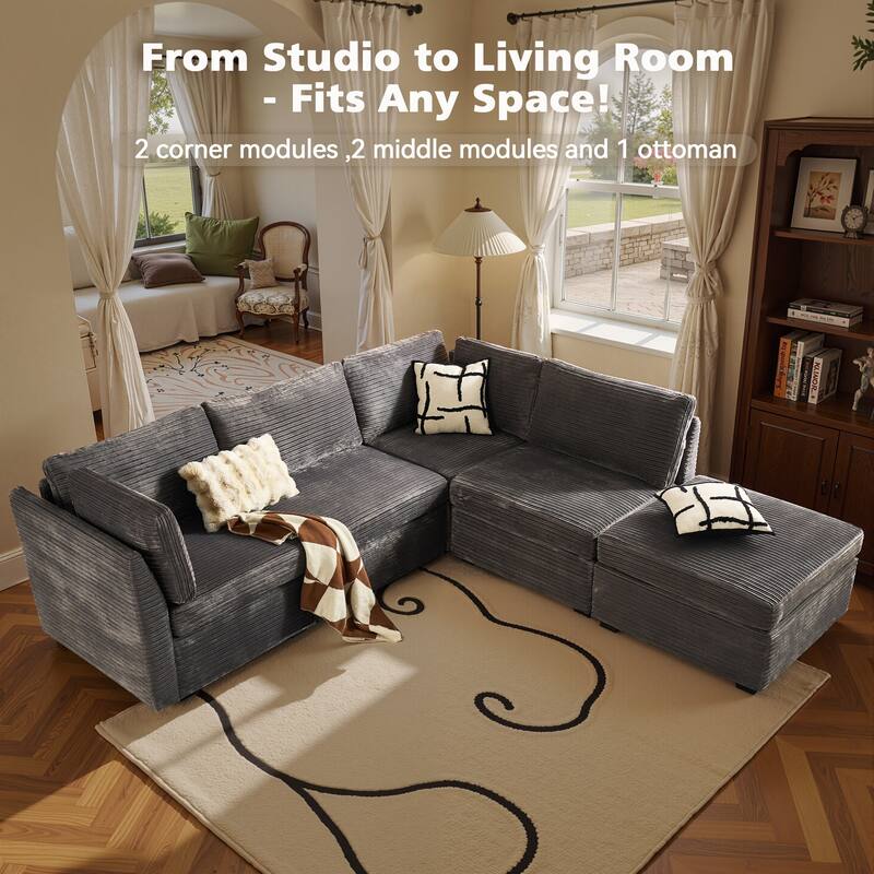 HOOOWOOO Modular Upholstery Fabric Sofa Couch with Ottoman