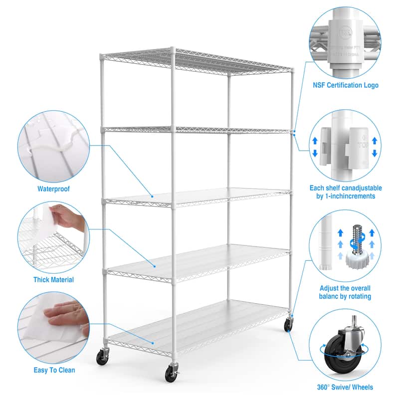 5 Tier Shelf Wire Shelvin,with Wheels & Shelf Liners