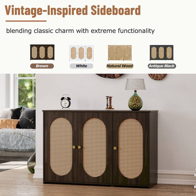 Buffet Cabinet with Artificial Rattan Doors, 3-Door Sideboard Cabinet with Shelves, Coffee Bar Cabinet with Metal Handles